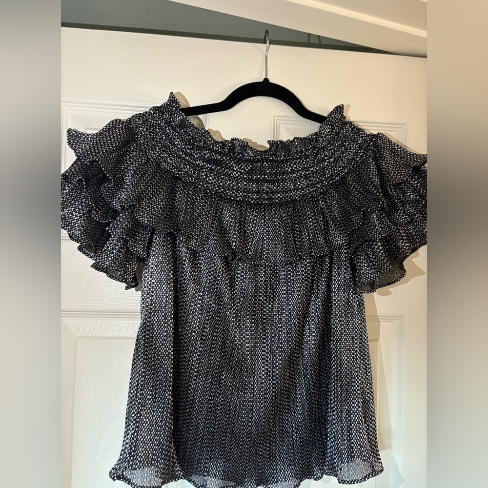 Parker -off the shoulder black and silver metallic top.